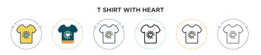 İçinde kalp ikonu olan tişört, ince çizgi, özet ve vuruş stili. Kalp vektör simgeli iki renkli ve siyah tişörtün vektör illüstrasyonu mobil, ui, web için kullanılabilir