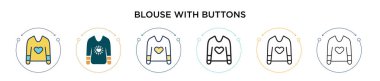 Düğme ikonlu bluz, ince çizgi, özet ve vuruş stili. Düğme vektör simgeli iki renkli ve siyah bluzun vektör illüstrasyonu mobil, ui, web için kullanılabilir
