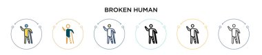 Kırık insan ikonu dolu, ince çizgi, ana hatlar ve vuruş stili. İki renkli ve siyah insan vektör simgesi tasarımı mobil, ui, web için kullanılabilir