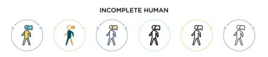 Tamamlanmamış insan simgesi, ince çizgi, özet ve vuruş stili. Mobil, ui, web için iki renkli ve siyah insan vektör simgelerinin vektör çizimi kullanılabilir