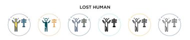 Dolu, ince çizgi, özet ve vuruş tarzında kayıp insan ikonu. İki renkli ve siyah insan vektör simgesi tasarımı mobil, ui, web için kullanılabilir