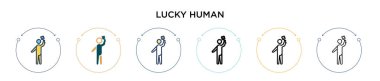 Şanslı insan ikonu dolu, ince çizgi, özet ve vuruş stili. Mobil, ui, web için iki renkli ve siyah şanslı insan vektör ikonu tasarımı vektör illüstrasyonu kullanılabilir