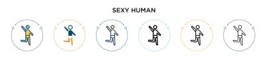 Dolu, ince çizgi halinde, ana hatlarıyla ve vuruş tarzıyla seksi insan ikonu. Mobil, ui, web için iki renkli ve siyah insan vektör ikonu tasarımı vektör çizimi kullanılabilir