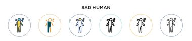 Hüzünlü insan ikonu, ince çizgi, özet ve vuruş stili. Mobil, ui, web için iki renkli ve siyah insan vektör ikonu tasarımı vektör illüstrasyonu kullanılabilir