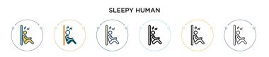 Uykulu insan ikonu. İnce çizgi, özet ve vuruş stili. Mobil, ui, web için iki renkli ve siyah insan vektör ikonu tasarımı vektör illüstrasyonu kullanılabilir