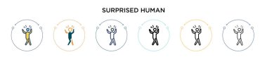Şaşırtıcı insan ikonu dolu, ince çizgi, özet ve vuruş stili. İki renkli ve siyah şaşırmış insan vektör ikonu tasarımının vektör illüstrasyonu mobil, ui, web için kullanılabilir