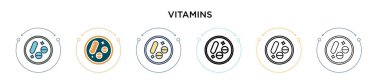 Vitamin ikonu dolu, ince çizgi, özet ve vuruş stili. Mobil, ui, web için iki renkli ve siyah vitamin vektör ikonu tasarımının vektör illüstrasyonu kullanılabilir