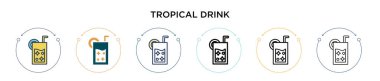 Tropikal içki ikonu, ince çizgi, özet ve vuruş stili. Mobil, ui, web için iki renkli ve siyah tropikal içecek vektör ikonu tasarımı vektör illüstrasyonu kullanılabilir