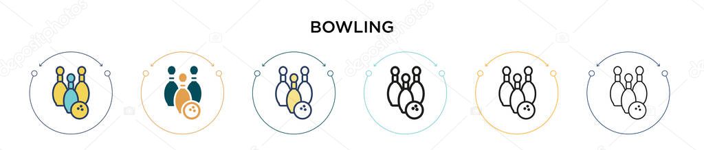 Bowling icon in filled, thin line, outline and stroke style. Vector illustration of two colored and black bowling vector icons designs can be used for mobile, ui, web