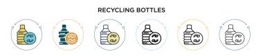 Geri dönüşüm şişeleri doldurulmuş, ince çizgi, ana hatlar ve vuruş stili. Mobil, ui, web için iki renkli ve siyah geri dönüşüm şişesi vektör ikonu tasarımı vektör illüstrasyonu kullanılabilir