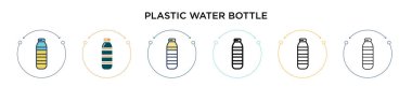 Plastik su şişesi ikonu, ince çizgi, ana hatlar ve vuruş stili. Mobil, ui, web için iki renkli ve siyah plastik su şişesi vektör ikonu tasarımı vektör illüstrasyonu kullanılabilir