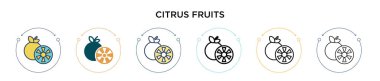 Citrus meyve ikonu dolu, ince çizgi, özet ve vuruş stili. Mobil, ui, web için iki renkli ve siyah turunçgil meyve vektör ikonu tasarımı vektör illüstrasyonu kullanılabilir