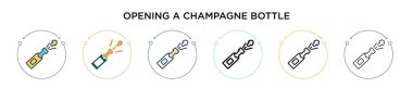 Şampanya şişesi ikonunu ince çizgi halinde açmak, taslak ve vuruş stili. Şampanya şişesi açarken iki renkli ve siyah rengin vektör illüstrasyonları cep telefonu için kullanılabilir.,