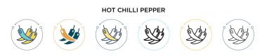 Acı biber ikonu doldurulmuş, ince çizgi, ana hatlar ve vuruş stili. Mobil, ui, web için iki renkli ve siyah kırmızı biber vektör ikonu tasarımı vektör illüstrasyonu kullanılabilir
