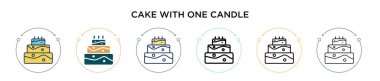 Bir mum ikonlu pasta, ince çizgi, özet ve vuruş stili. Bir mum vektör ikonlu iki renkli ve siyah pastanın vektör illüstrasyonu mobil, ui, web için kullanılabilir