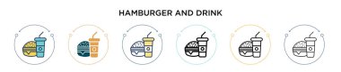 Hamburger ve içecek ikonu doldurulmuş, ince çizgi, ana hatlar ve vuruş stili. Mobil, ui, web için iki renkli ve siyah hamburger ve içecek vektör ikonu tasarımı vektör illüstrasyonu kullanılabilir
