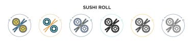 Suşi yuvarlama ikonu, ince çizgi, özet ve vuruş stili. Mobil, ui, web için iki renkli ve siyah suşi yuvarlama vektör simgesi tasarımı kullanılabilir