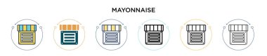 Mayonez ikonu doldurulmuş, ince çizgi, ana hatlar ve vuruş stili. Mobil, ui, web için iki renkli ve siyah mayonez vektör ikonu tasarımı vektör illüstrasyonu kullanılabilir