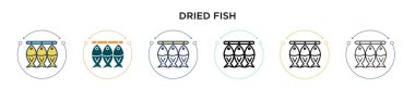 Kurutulmuş balık ikonu, ince çizgi, ana hatlar ve vuruş stili. İki renkli ve siyah kurutulmuş balık vektör simgesi tasarımı mobil, ui, web için kullanılabilir