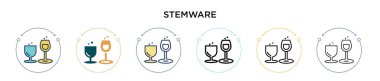 Stemware simgesi dolu, ince çizgi, özet ve vuruş stili. Mobil, ui, web için iki renkli ve siyah stemware vektör simgesi tasarımı vektör illüstrasyonu kullanılabilir