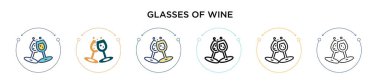 Bardaklar dolusu şarap ikonu, ince çizgi, özet ve vuruş stili. Şarap vektör simgelerinin iki renkli ve siyah kadehinin vektör illüstrasyonu mobil, ui, web için kullanılabilir