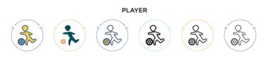 Oyuncu simgesi doldurulmuş, ince çizgi, özet ve vuruş stili. Mobil, ui, web için iki renkli ve siyah oyuncu vektör ikonu tasarımı vektör illüstrasyonu kullanılabilir