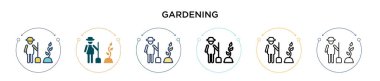 Bahçıvanlık ikonu, ince çizgi, özet ve vuruş stili. Mobil, ui, web için iki renkli ve siyah bahçe vektör ikonu tasarımı vektör illüstrasyonu kullanılabilir