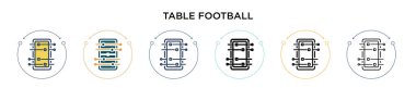 Masa futbolu ikonu dolu, ince çizgi, ana hatlar ve vuruş stili. Mobil, ui, web için iki renkli ve siyah tablo vektör ikonu tasarımı vektör illüstrasyonu kullanılabilir