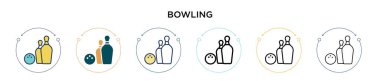 Bowling ikonu dolu, ince çizgi, ana hatlar ve vuruş stili. Mobil, ui, web için iki renkli ve siyah bovling vektör ikonu tasarımı vektör illüstrasyonu kullanılabilir