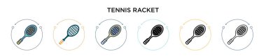 Tenis raketi ikonu dolu, ince çizgi, dış hatlar ve vuruş stili. Mobil, ui, web için iki renkli ve siyah tenis raket vektör ikonu tasarımı vektör illüstrasyonu kullanılabilir