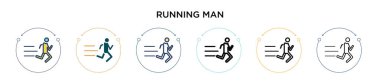 Koşan adam ikonu dolu, ince çizgi, özet ve vuruş stili. İki renkli ve siyah insan vektör simgesi tasarımı mobil, ui, web için kullanılabilir