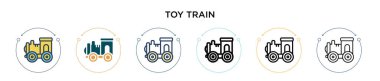 Oyuncak tren ikonu, ince çizgi, özet ve vuruş stili. İki renkli ve siyah oyuncak tren vektör ikonu tasarımı mobil, ui, web için kullanılabilir
