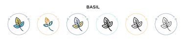 Basil simgesi doldurulmuş, ince çizgi, özet ve vuruş stili. Mobil, ui, web için iki renkli ve siyah fesleğen vektör ikonu tasarımı vektör illüstrasyonu kullanılabilir
