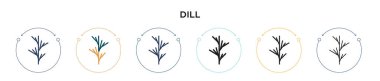 Dill simgesi dolu, ince çizgi, özet ve vuruş stili. Mobil, ui, web için iki renkli ve siyah dereotu vektör simgesi çizimi kullanılabilir