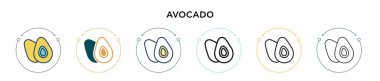 Avokado simgesi doldurulmuş, ince çizgi, özet ve vuruş stili. Mobil, ui, web için iki renkli ve siyah avokado vektör ikonu tasarımı vektör illüstrasyonu kullanılabilir