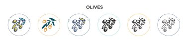 Zeytin ikonu dolu, ince çizgi, özet ve vuruş stili. Mobil, ui, web için iki renkli ve siyah zeytin vektör ikonu tasarımı vektör illüstrasyonu kullanılabilir