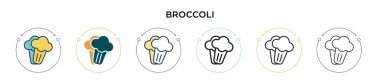 Brokoli ikonu dolu, ince çizgi, özet ve vuruş stili. Mobil, ui, web için iki renkli ve siyah brokoli vektör simgesinin vektör çizimi kullanılabilir