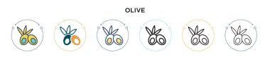 Zeytin ikonu dolu, ince çizgi, özet ve vuruş stili. İki renkli ve siyah zeytin vektör simgesi tasarımı mobil, ui, web için kullanılabilir