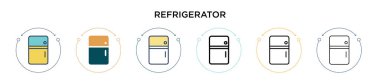 Buzdolabı ikonu dolu, ince çizgi, özet ve vuruş stili. Mobil, ui, web için iki renkli ve siyah buzdolabı vektör ikonu tasarımının vektör illüstrasyonu kullanılabilir
