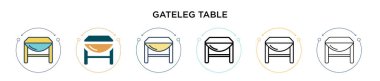 Gateleg masa simgesi dolu, ince çizgi, özet ve vuruş stili. Mobil, ui, web için iki renkli ve siyah Gateleg tablo vektör simgesi tasarımı kullanılabilir