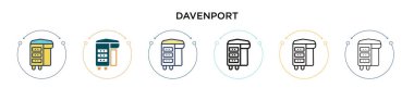Davenport simgesi dolu, ince çizgi, özet ve vuruş tarzında. Mobil, ui, web için iki renkli ve siyah davenport vektör ikonu tasarımı vektör illüstrasyonu kullanılabilir
