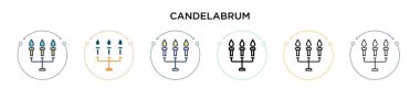Candelabrum simgesi dolu, ince çizgi, özet ve vuruş stili. Mobil, ui, web için iki renkli ve siyah şamdan vektör ikonu tasarımı vektör illüstrasyonu kullanılabilir