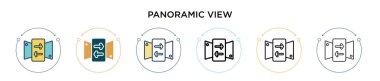Panoramik görünüm simgesi dolu, ince çizgi, özet ve çizgi şeklinde. Mobil, ui, web için iki renkli ve siyah panoramik görünüm vektör vektör simgesi tasarımı kullanılabilir