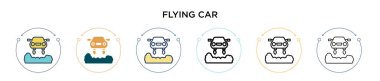 Uçan araba ikonu dolu, ince çizgi, özet ve vuruş stili. Mobil, ui, web için iki renkli ve siyah uçan araba vektör ikonu tasarımı vektör illüstrasyonu kullanılabilir