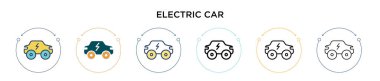 Elektrikli araba ikonu, ince çizgi, özet ve vuruş stili. Mobil, ui, web için iki renkli ve siyah elektrikli araba vektör ikonu tasarımı vektör illüstrasyonu kullanılabilir