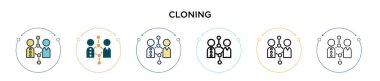 Klonlama simgesi doldurulmuş, ince çizgi, özet ve vuruş stili. Mobil, ui, web için iki renkli ve siyah klonlama vektör ikonu tasarımının vektör illüstrasyonu kullanılabilir