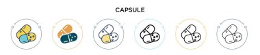 Kapsül simgesi doldurulmuş, ince çizgi, özet ve vuruş stili. Mobil, ui, web için iki renkli ve siyah kapsül vektör ikonu tasarımının vektör illüstrasyonu kullanılabilir