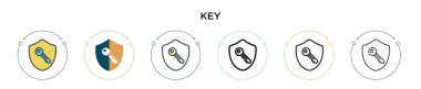 Anahtar simgesi doldurulmuş, ince çizgi, özet ve vuruş stili. Mobil, ui, web için iki renkli ve siyah anahtar vektör simgesi çizimi kullanılabilir