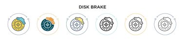 Disk fren ikonu dolu, ince çizgi, özet ve vuruş stili. Mobil, ui, web için iki renkli ve siyah disk fren vektör ikonu tasarımının vektör illüstrasyonu kullanılabilir