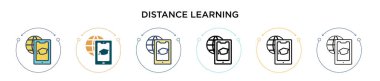 Mesafe öğrenme simgesi dolu, ince çizgi, özet ve vuruş stili. Mobil, ui, web için iki renkli ve siyah uzaklık öğrenme vektör ikonu tasarımının vektör illüstrasyonu kullanılabilir
